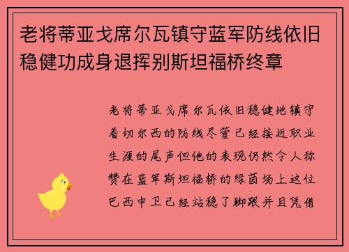 老将蒂亚戈席尔瓦镇守蓝军防线依旧稳健功成身退挥别斯坦福桥终章