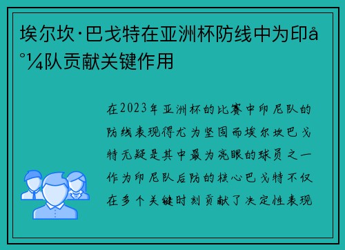埃尔坎·巴戈特在亚洲杯防线中为印尼队贡献关键作用 埃尔坎·巴戈特在亚洲杯防线中为印尼队贡献关键作用