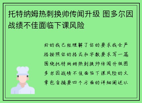 托特纳姆热刺换帅传闻升级 图多尔因战绩不佳面临下课风险