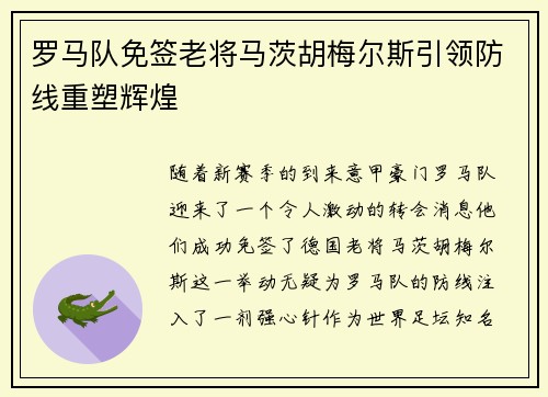 罗马队免签老将马茨胡梅尔斯引领防线重塑辉煌 罗马队免签老将马茨胡梅尔斯引领防线重塑辉煌